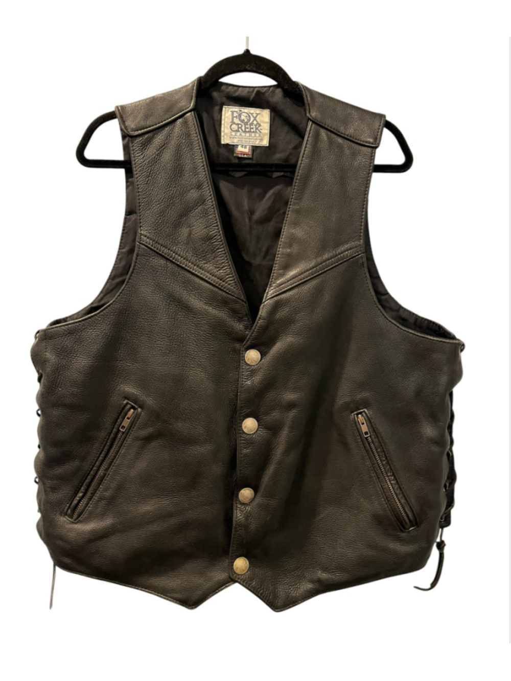 Fox Creek Leather Motorcycle Vest Buffalo Nickel Snaps SZ 48 Black Laced Biker
